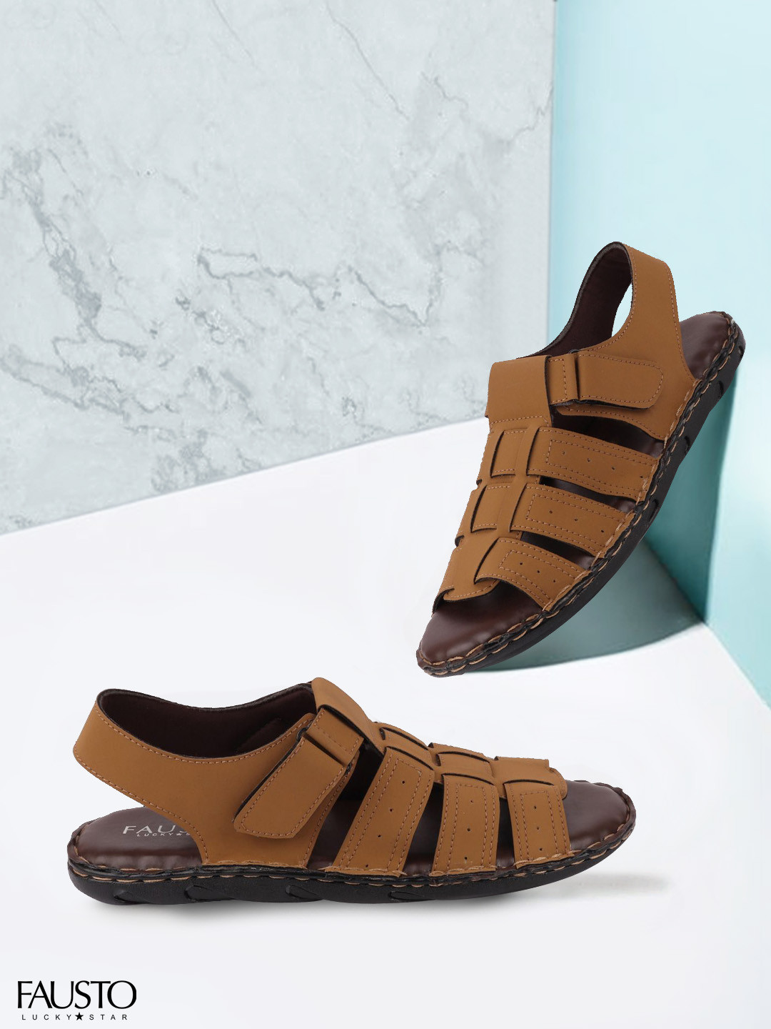 FAUSTO Men Brown Perforated Fisherman Sandals