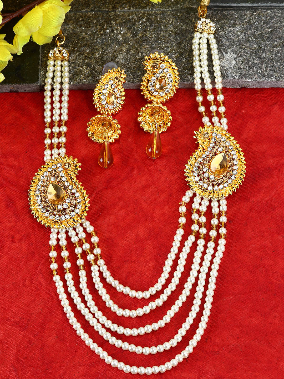 ANIKAS CREATION Gold-Plated White & Beige Stone-Studded Beaded Handcrafted Traditional Rani Haar Jewellery Set