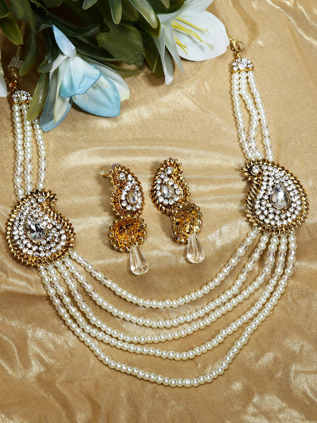 ANIKAS CREATION Gold-Plated Off-White Stone-Studded Rani Haar With Two Side Brooch Jewellery Set