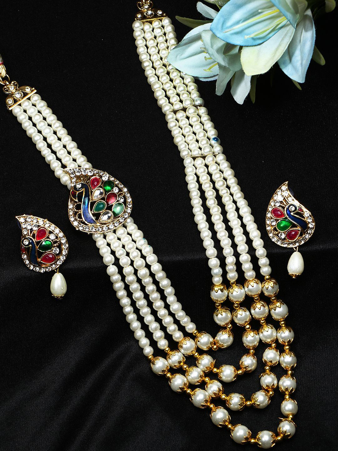 ANIKAS CREATION Gold-Toned & White Stone-Studded Beaded Traditional Jewellery Set