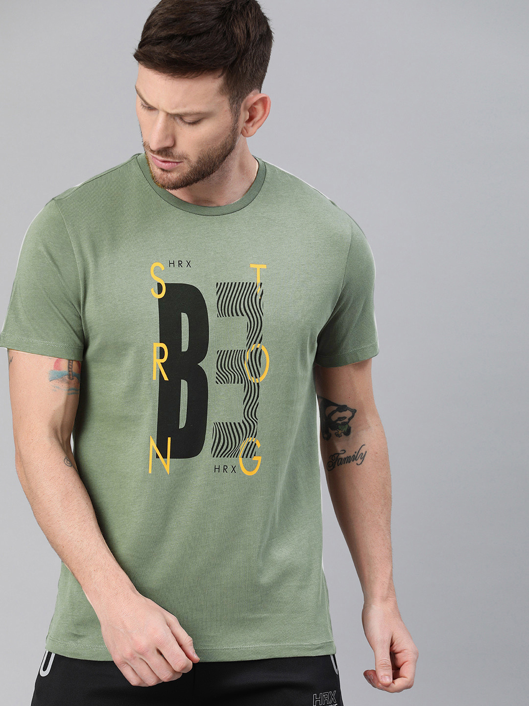 HRX by Hrithik Roshan Men Olive Green Solid Bio-Wash Running Tshirt