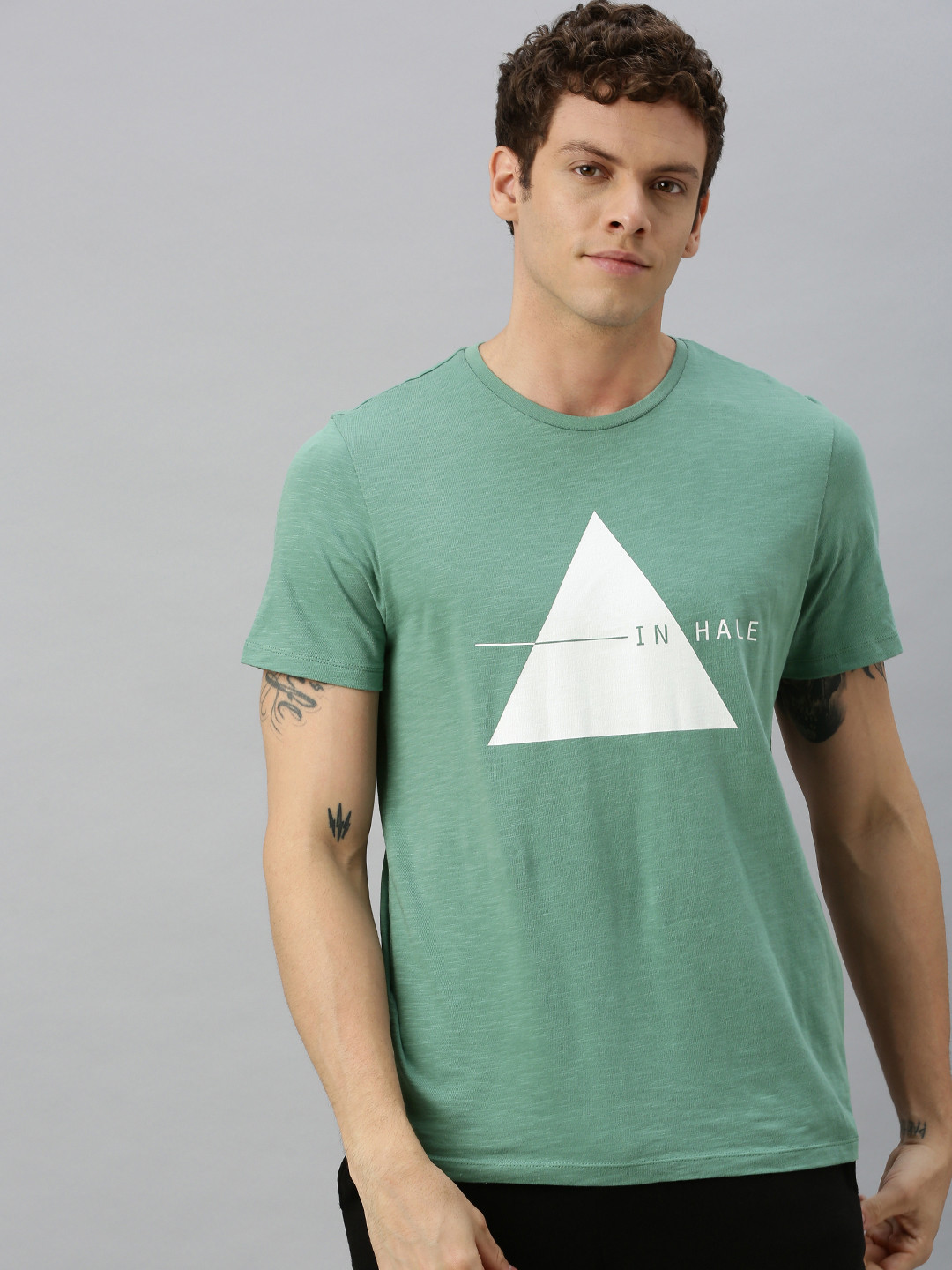 HRX by Hrithik Roshan Men Green Printed Bio-Wash Yoga  Cotton T-shirt