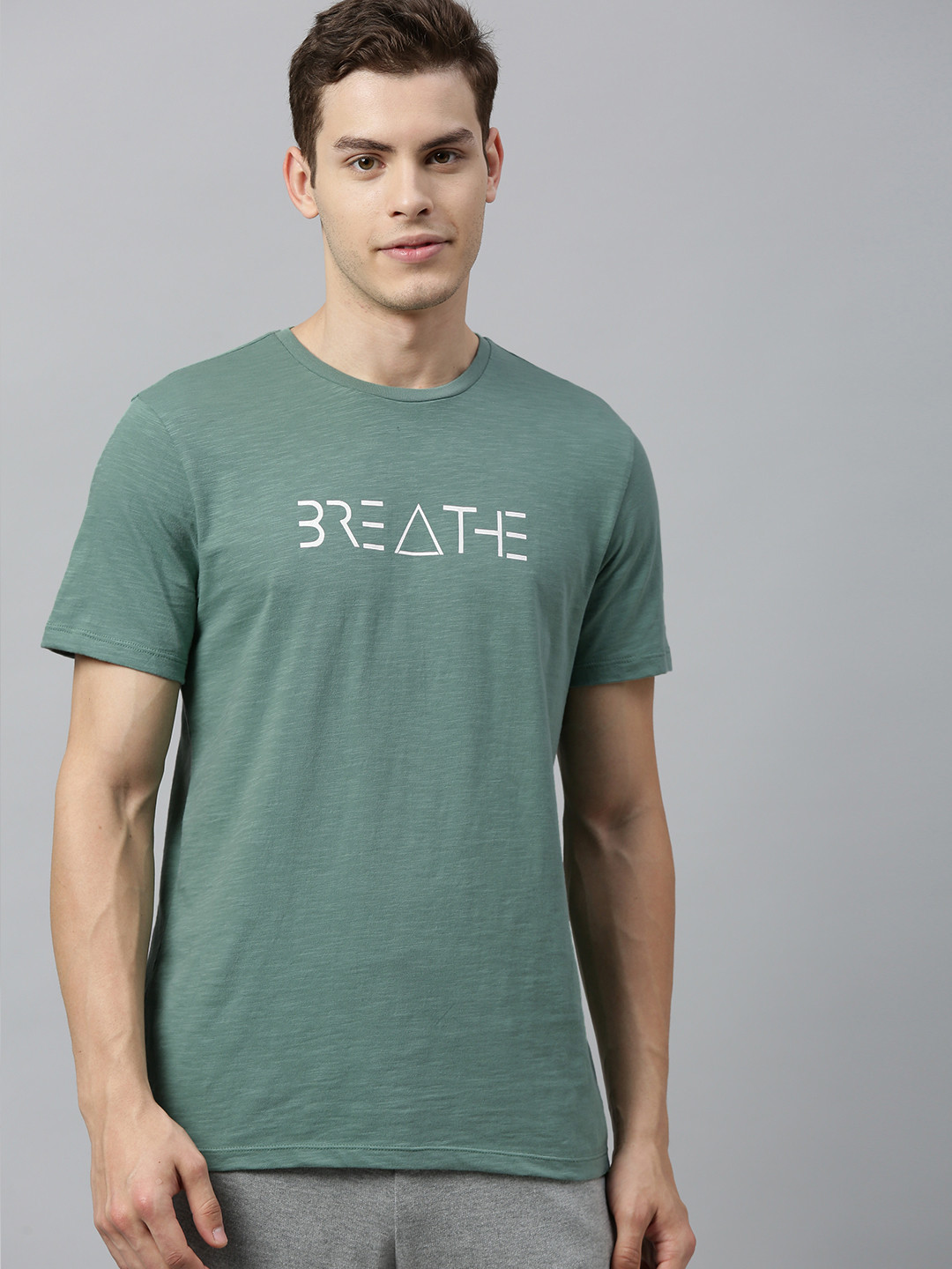 HRX by Hrithik Roshan Men Green Printed Bio-Wash Yoga Pure Cotton T-shirt