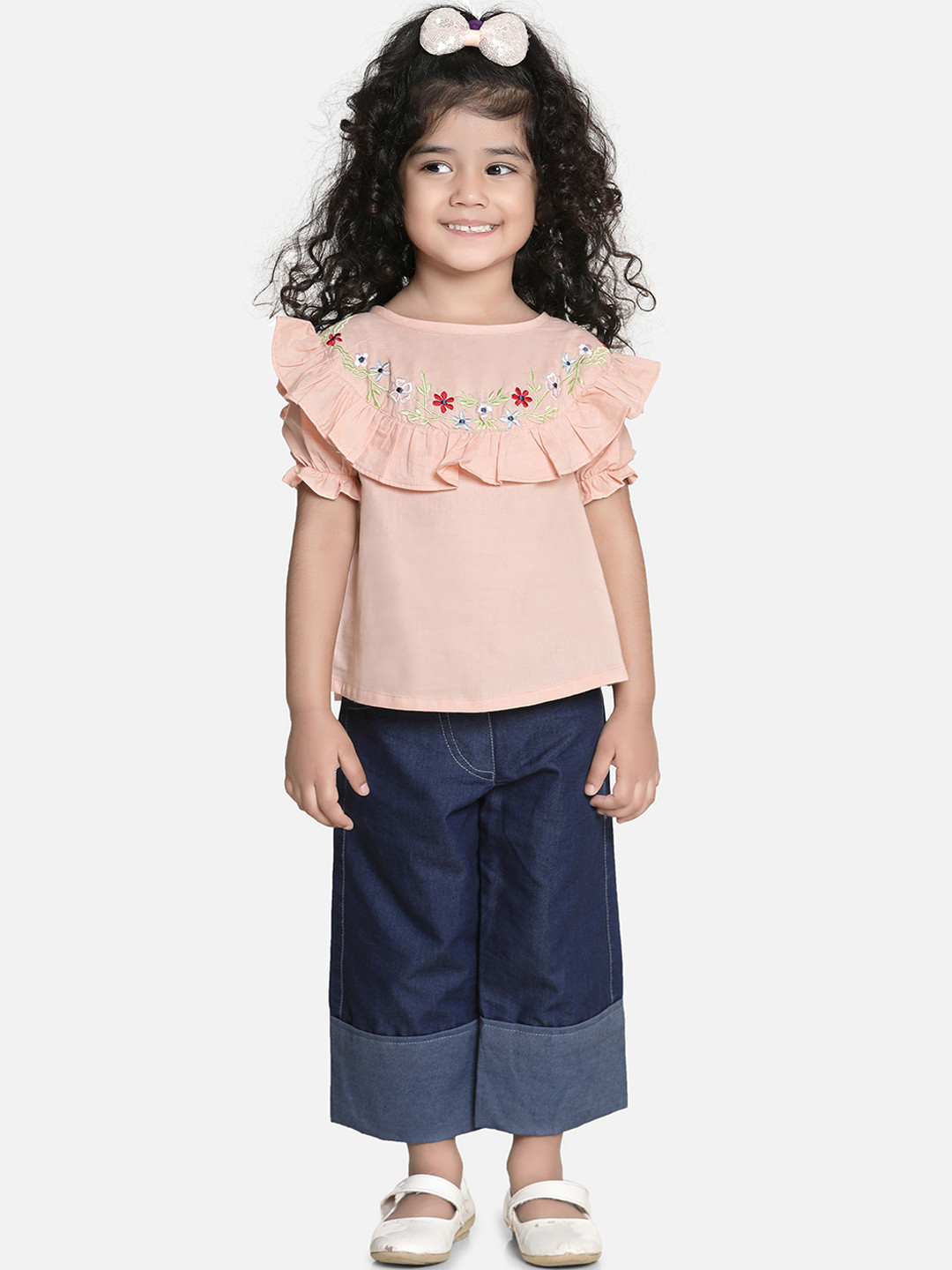 AWW HUNNIE Girls Pink & Blue Embroidered Top with Trousers