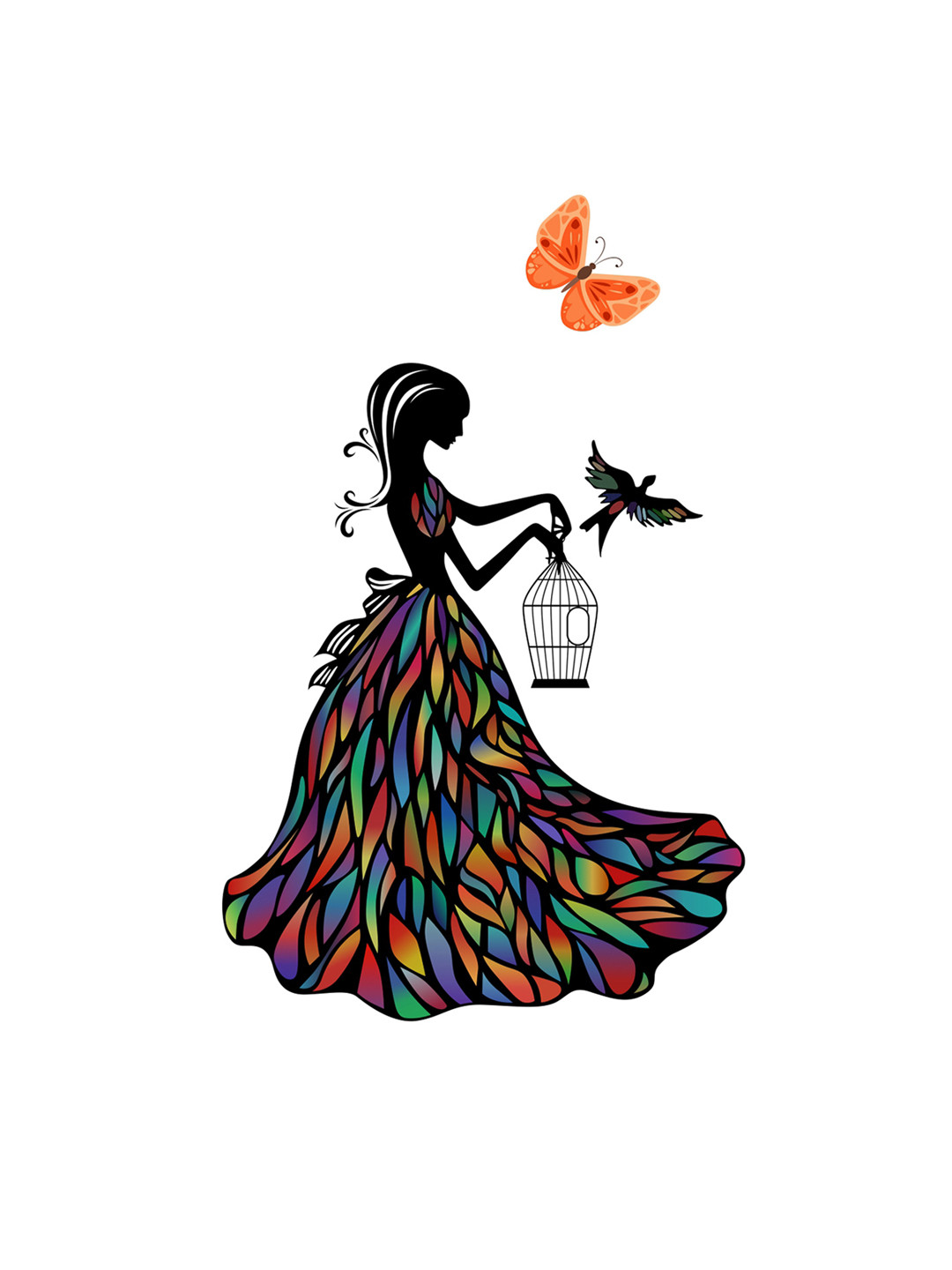 rawpockets Multicolour Freedom Bird with Lady Wall Stickers