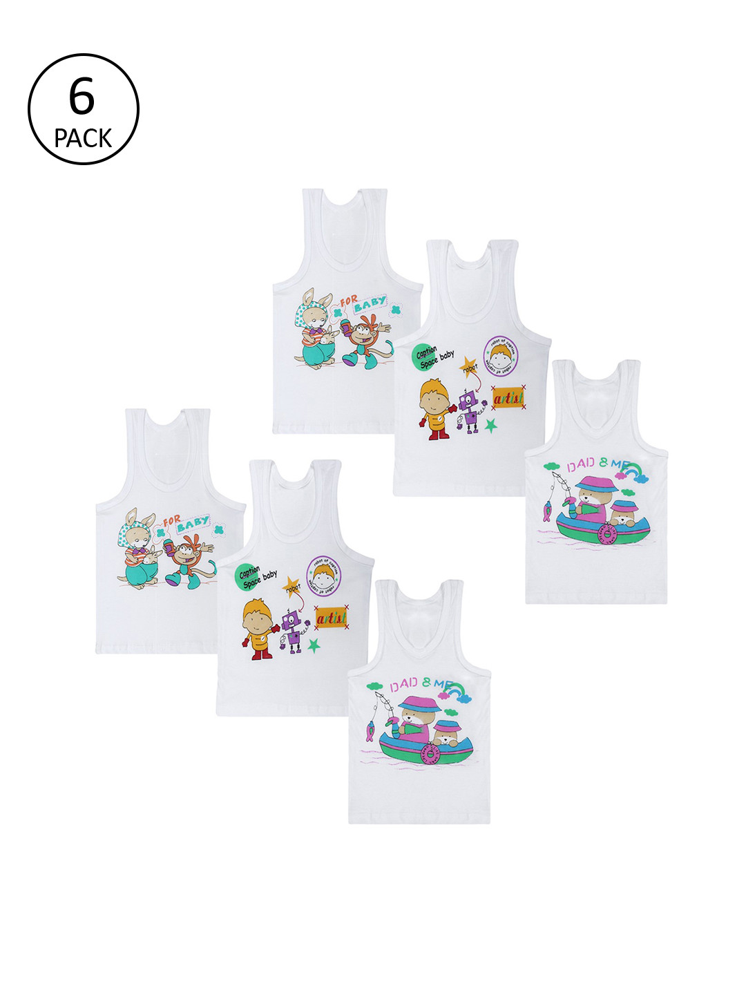 Superminis Infants Pack Of 6 White Printed Innerwear Vests 50050-SMCOBVWH