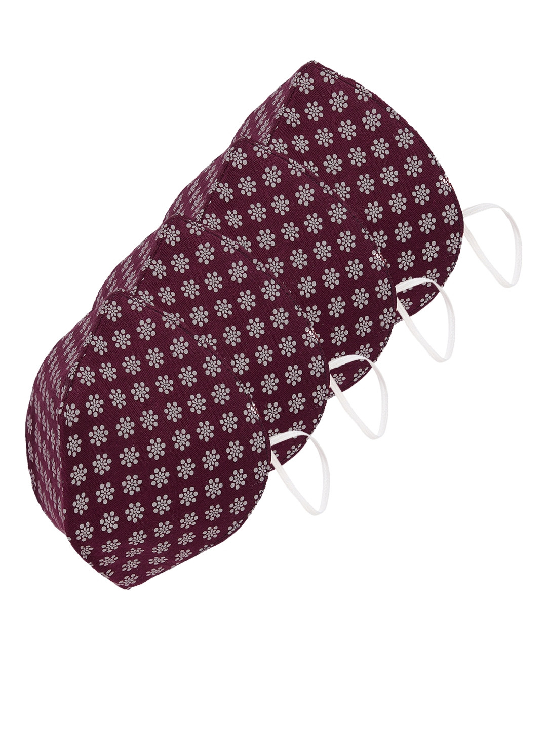 SOJANYA Unisex 4 Pcs Burgundy & Off-White Floral Print Reusable 3-Ply Outdoor Mask