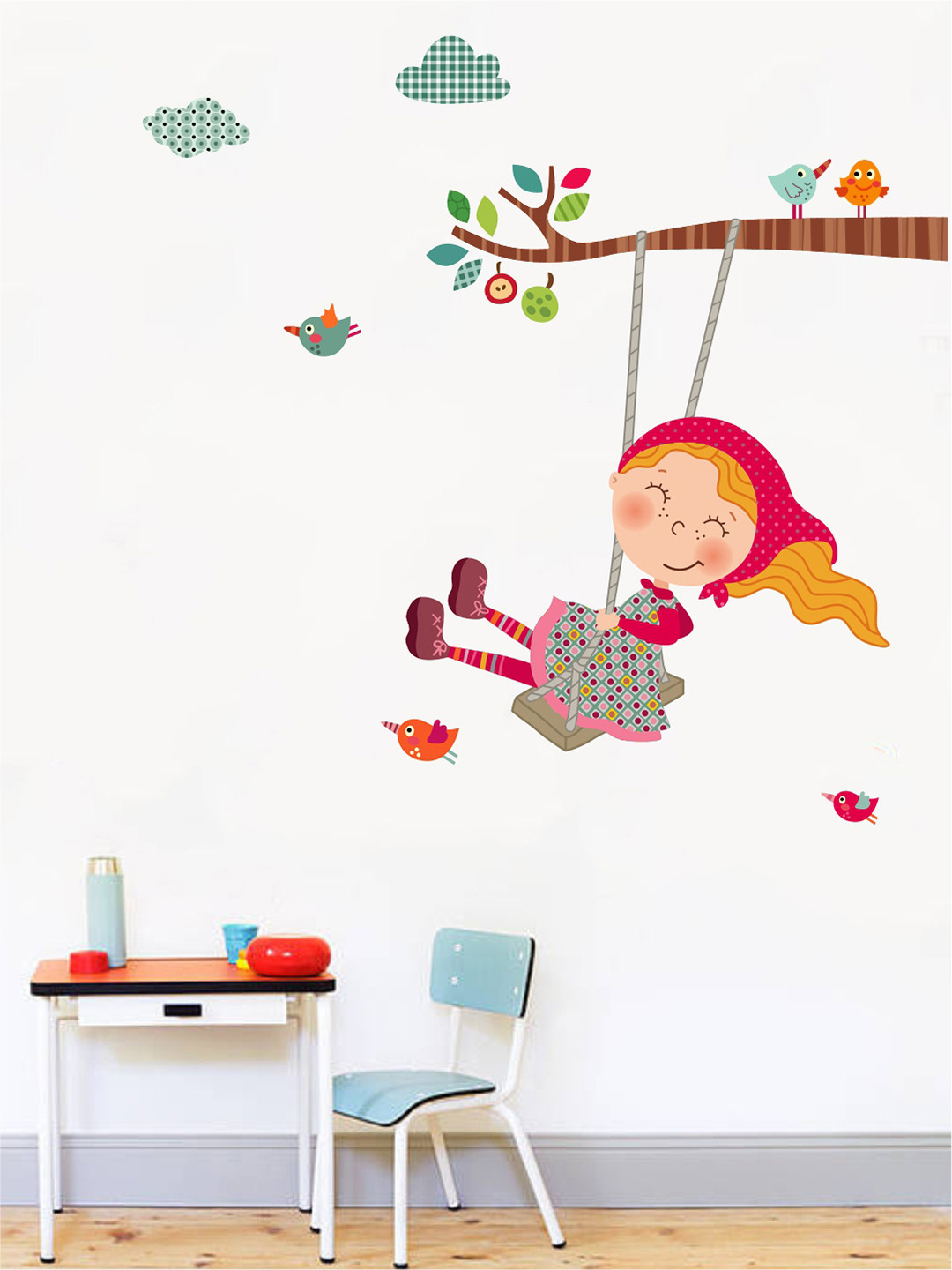 rawpockets Multicolour Girl Playing Swing Wall Stickers