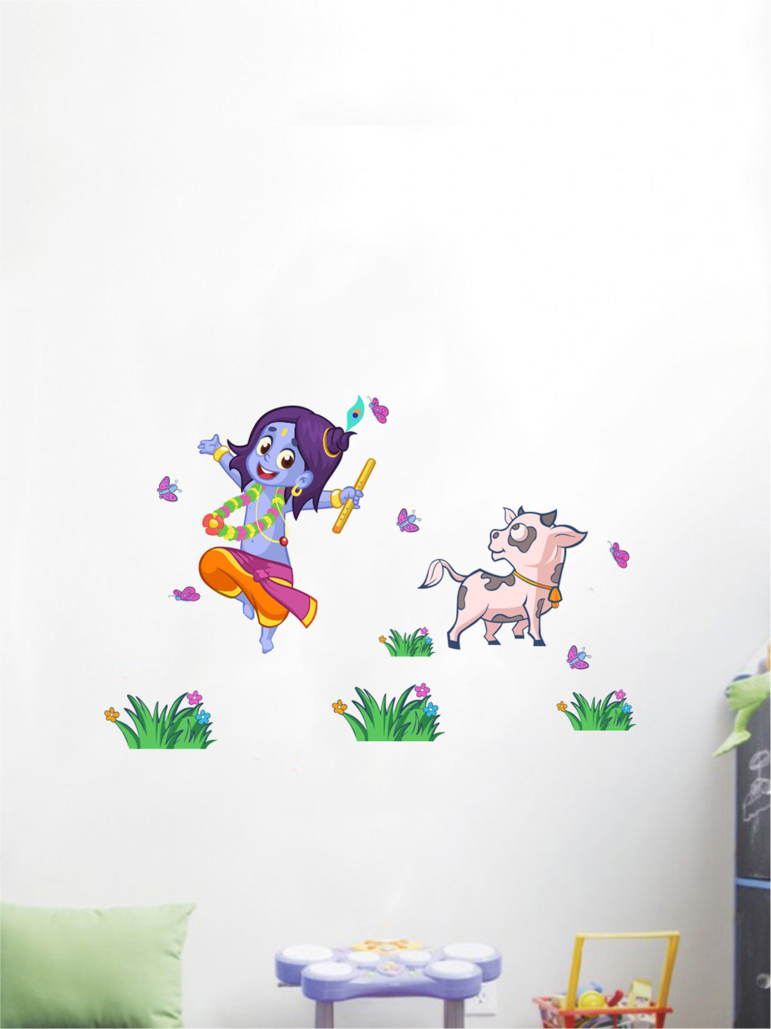 rawpockets Multicolour Baby Krishna with Cow Wall Stickers