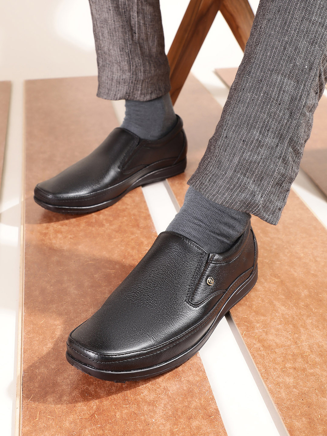 Liberty Men Black Solid Leather Formal Slip-On Shoes