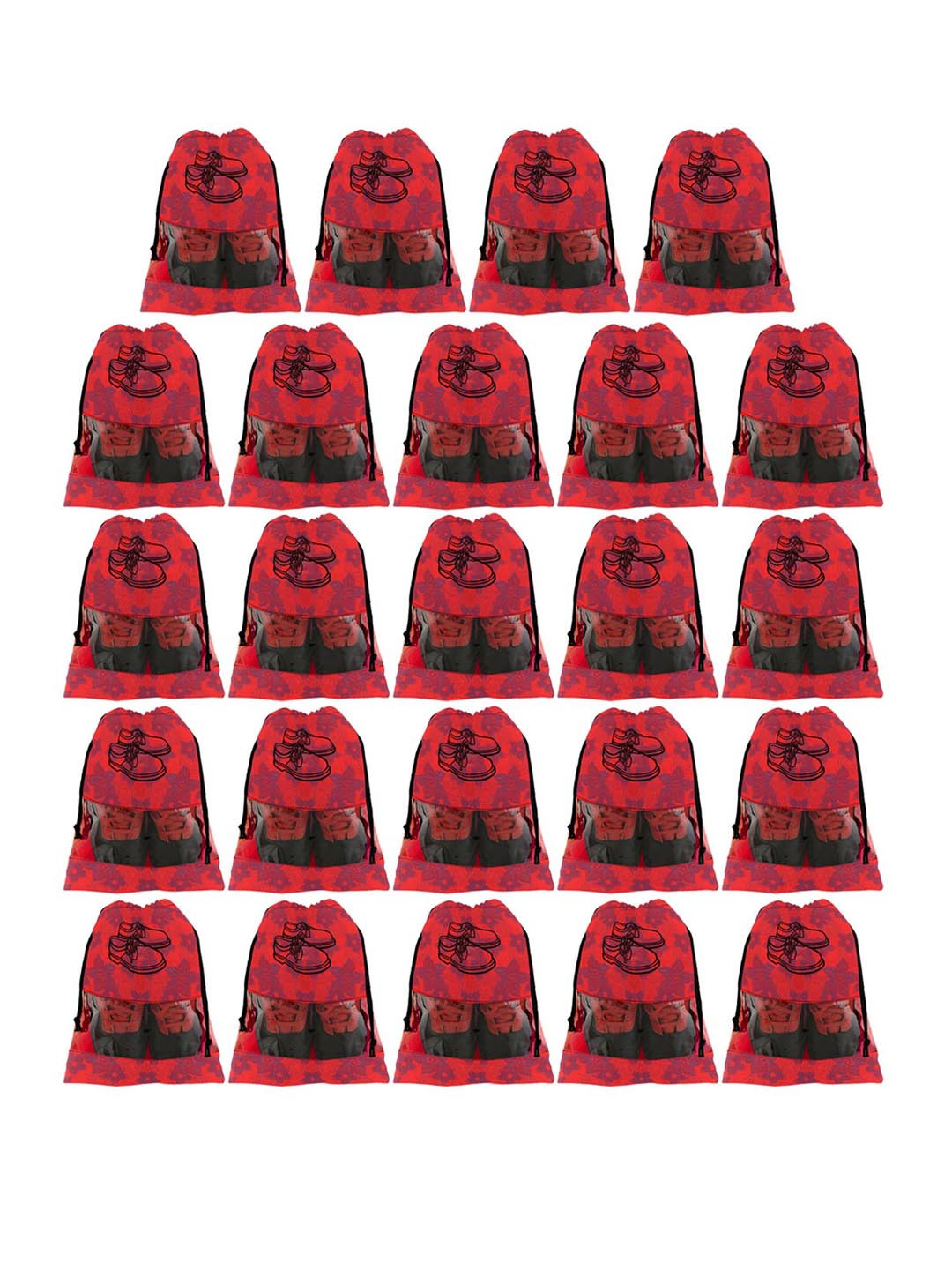 Kuber Industries Unisex Red & Black Floral Design Non-Woven 24 Pieces Travel Shoe Organisers