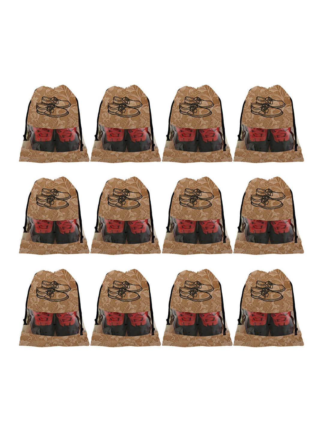 Kuber Industries Unisex Set Of 12 Beige & Black Metallic Floral Non-Woven Travel Shoe Organisers