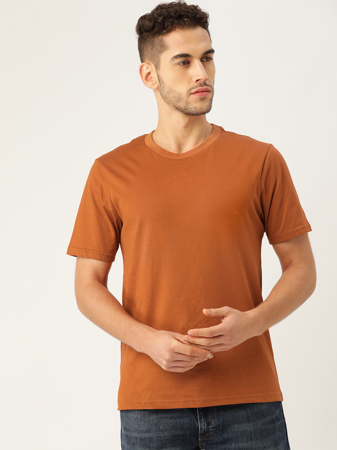 ether Men Rust Brown Solid Crew Neck Pure Cotton T-shirt