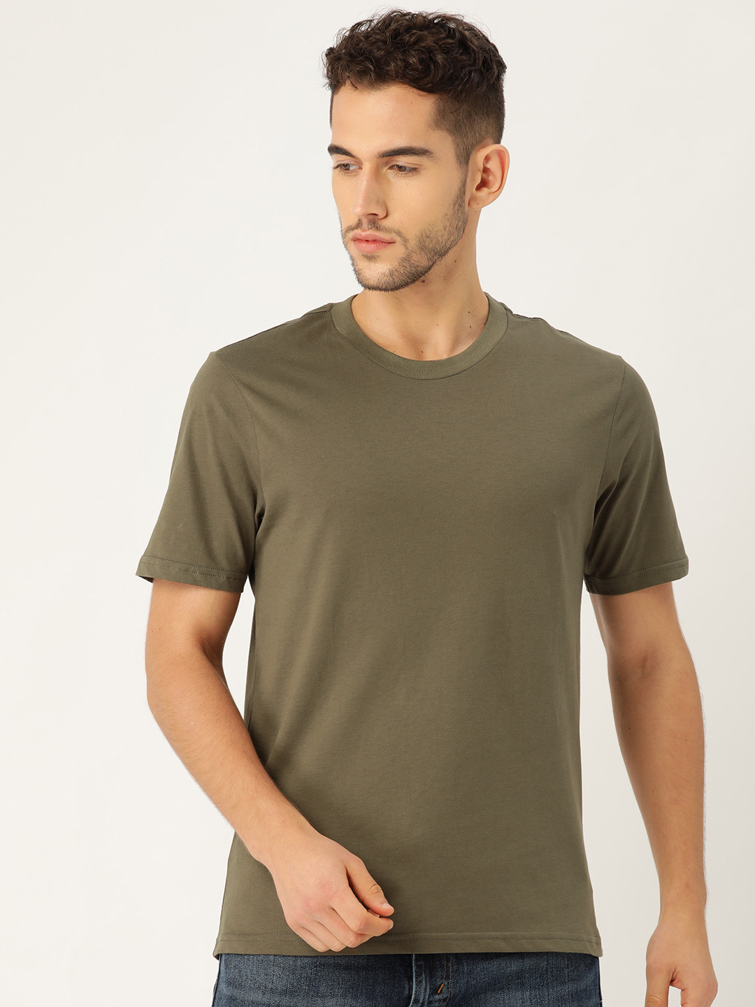 ether Men Olive Green Solid Crew Neck Pure Cotton T-shirt