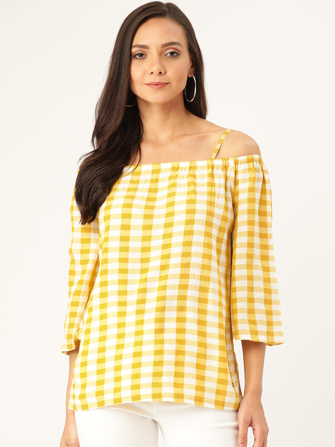 Lee Cooper Women Mustard Yellow & Off White Checked Bardot Top