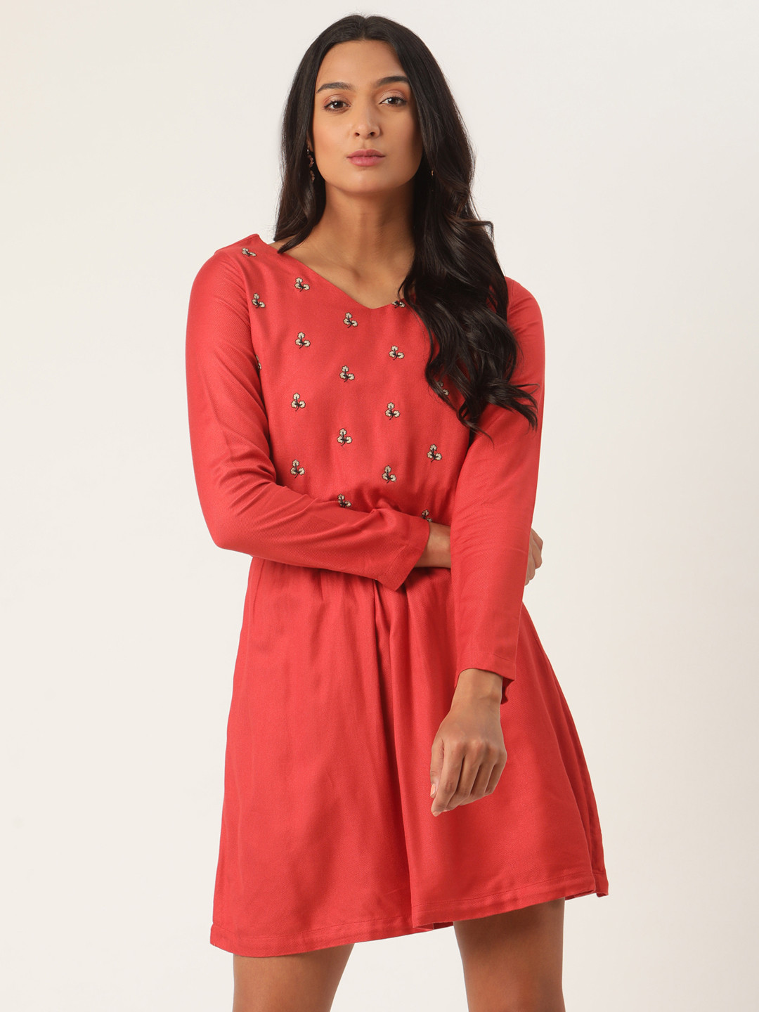 ROOTED Women Rust Floral Print Fit and Flare Dress