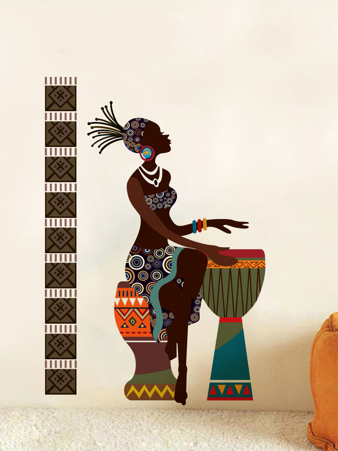 rawpockets Multicolour PVC Tribal Women With Drums Wall Sticker 75x110