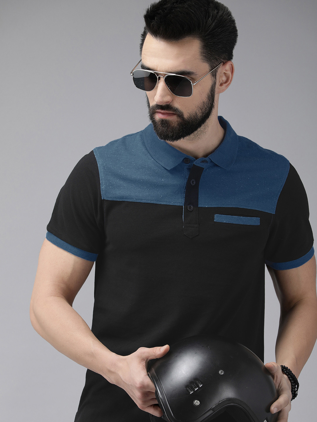 The Roadster Men Black And Blue Colourblocked Polo Collar Pure Cotton T-shirt