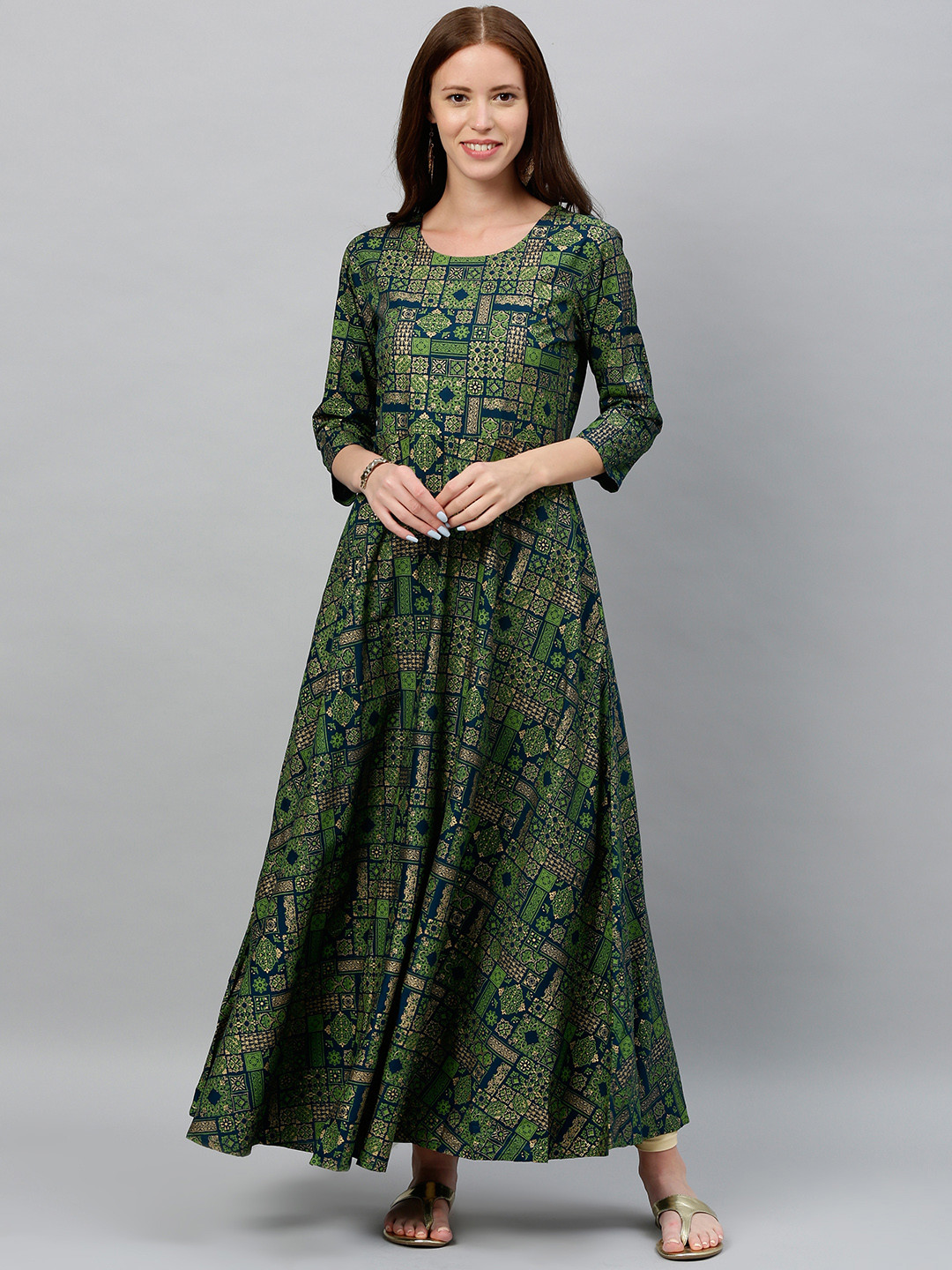 kipek Women Green & Gold-Toned Printed Anarkali Kurta