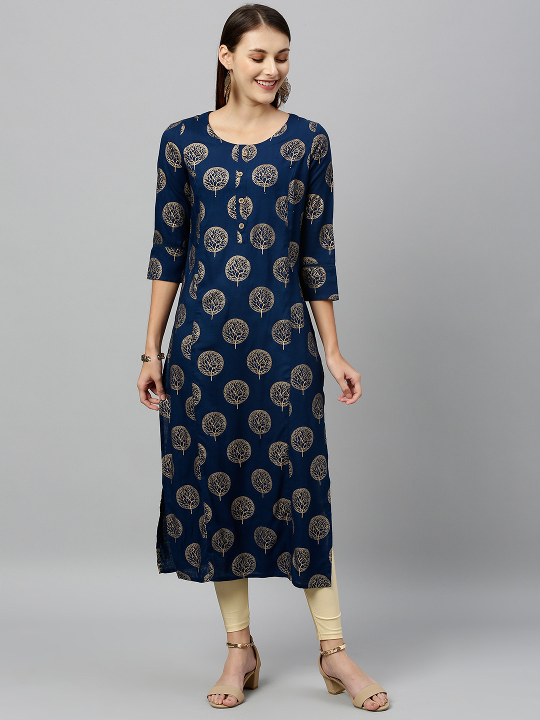 kipek Women Blue & Gold-Toned Printed Straight Kurta