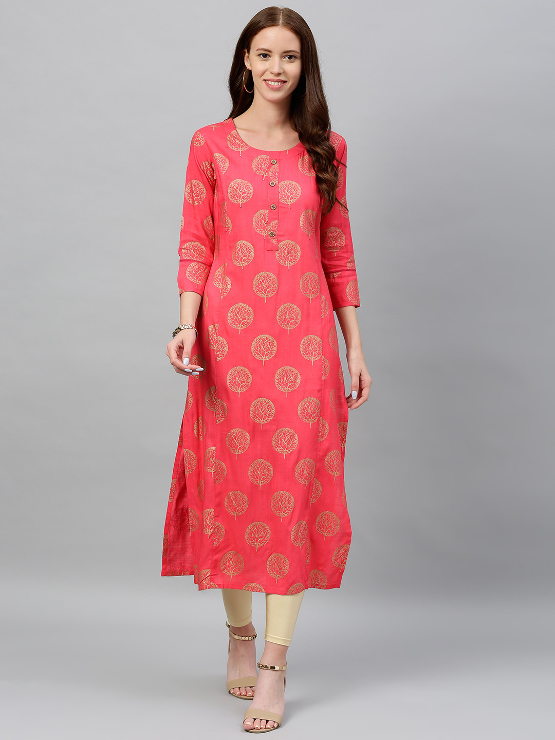kipek Women Pink & Golden Printed Straight Kurta