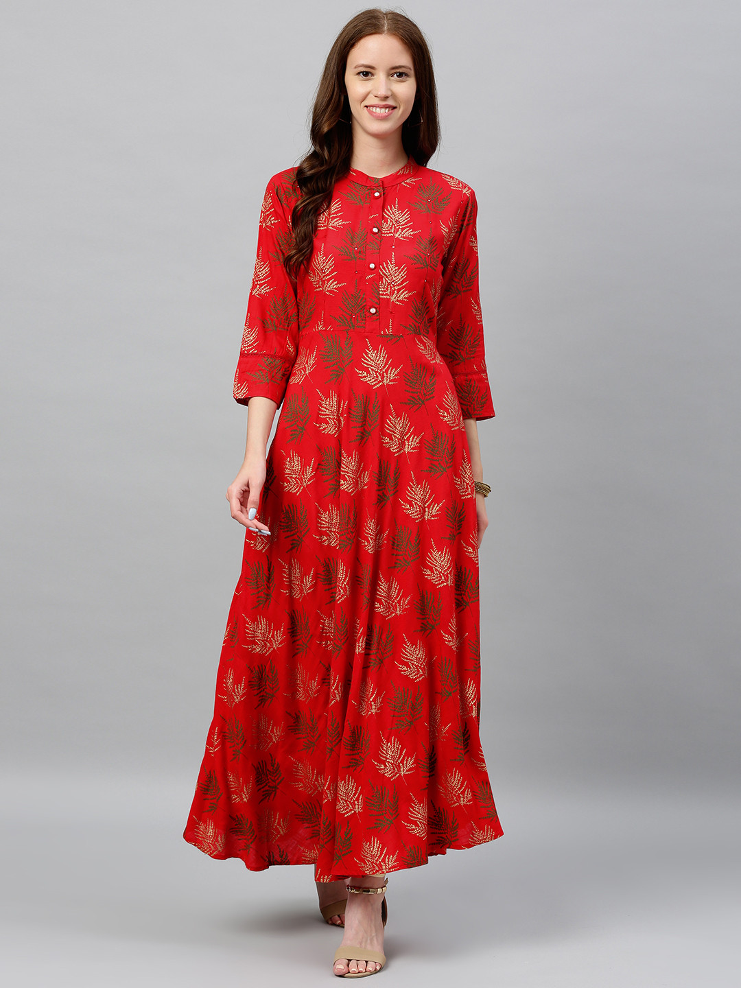 kipek Women Red and Green Woven Design A-Line Kurta