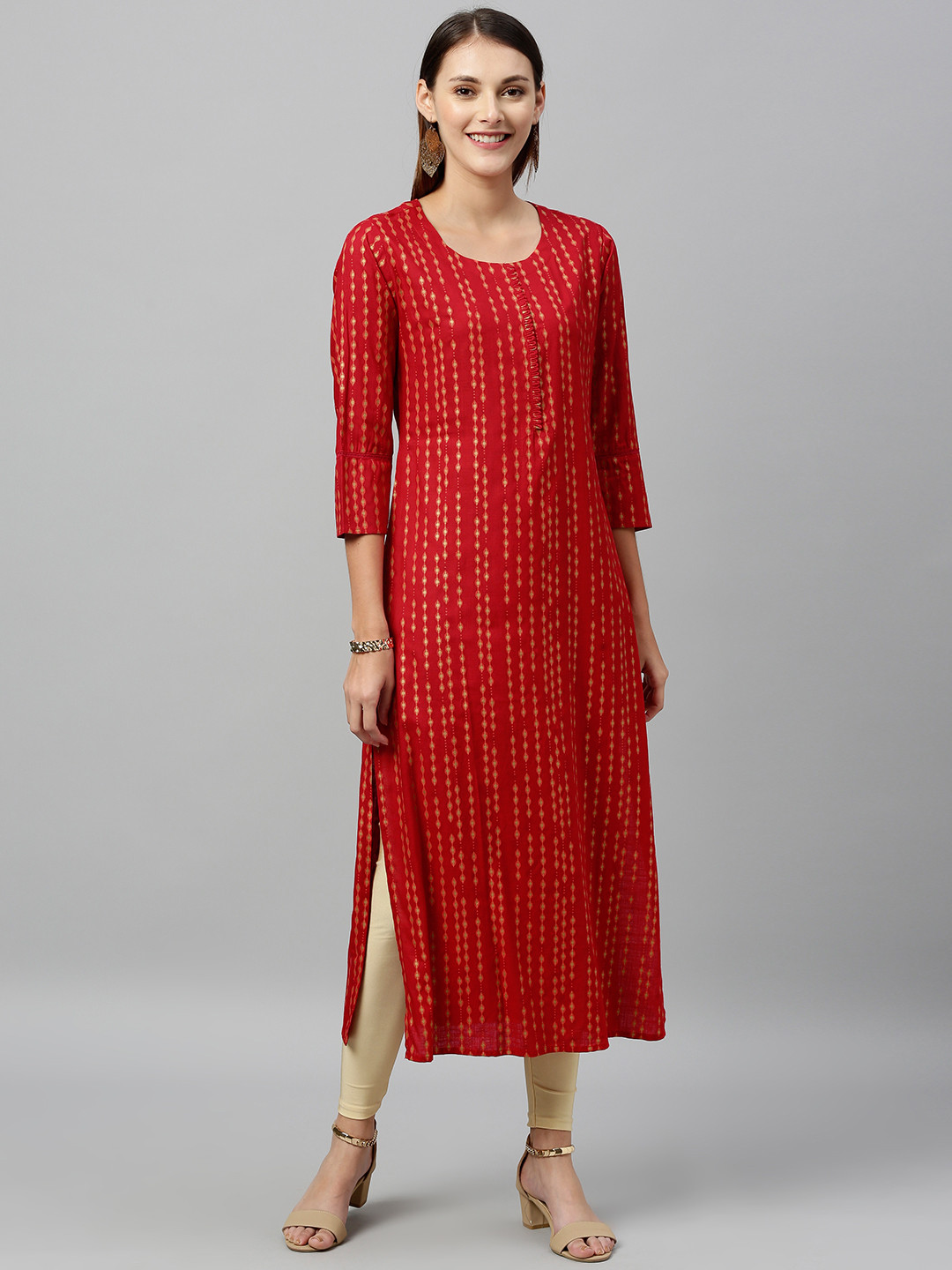 kipek Women Red & Gold-Toned Printed Straight Kurta