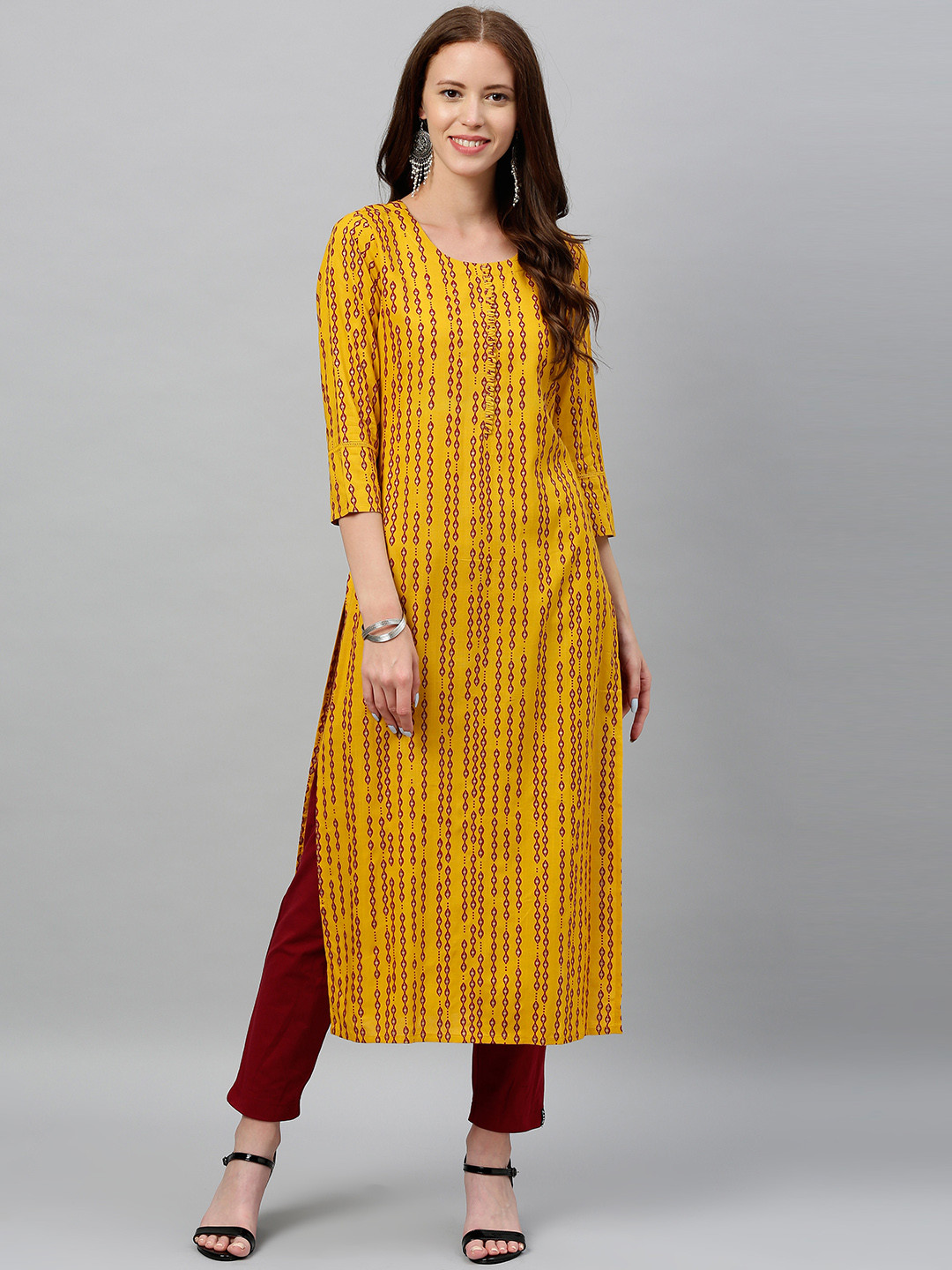 kipek Women Mustard Yellow & Maroon Printed Straight Kurta
