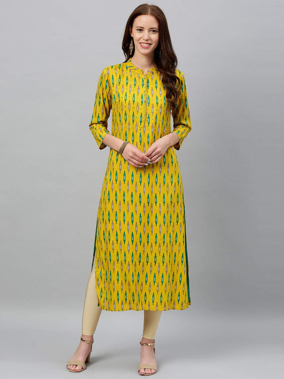 kipek Women Mustard Yellow & Green Ikat Printed Straight Kurta