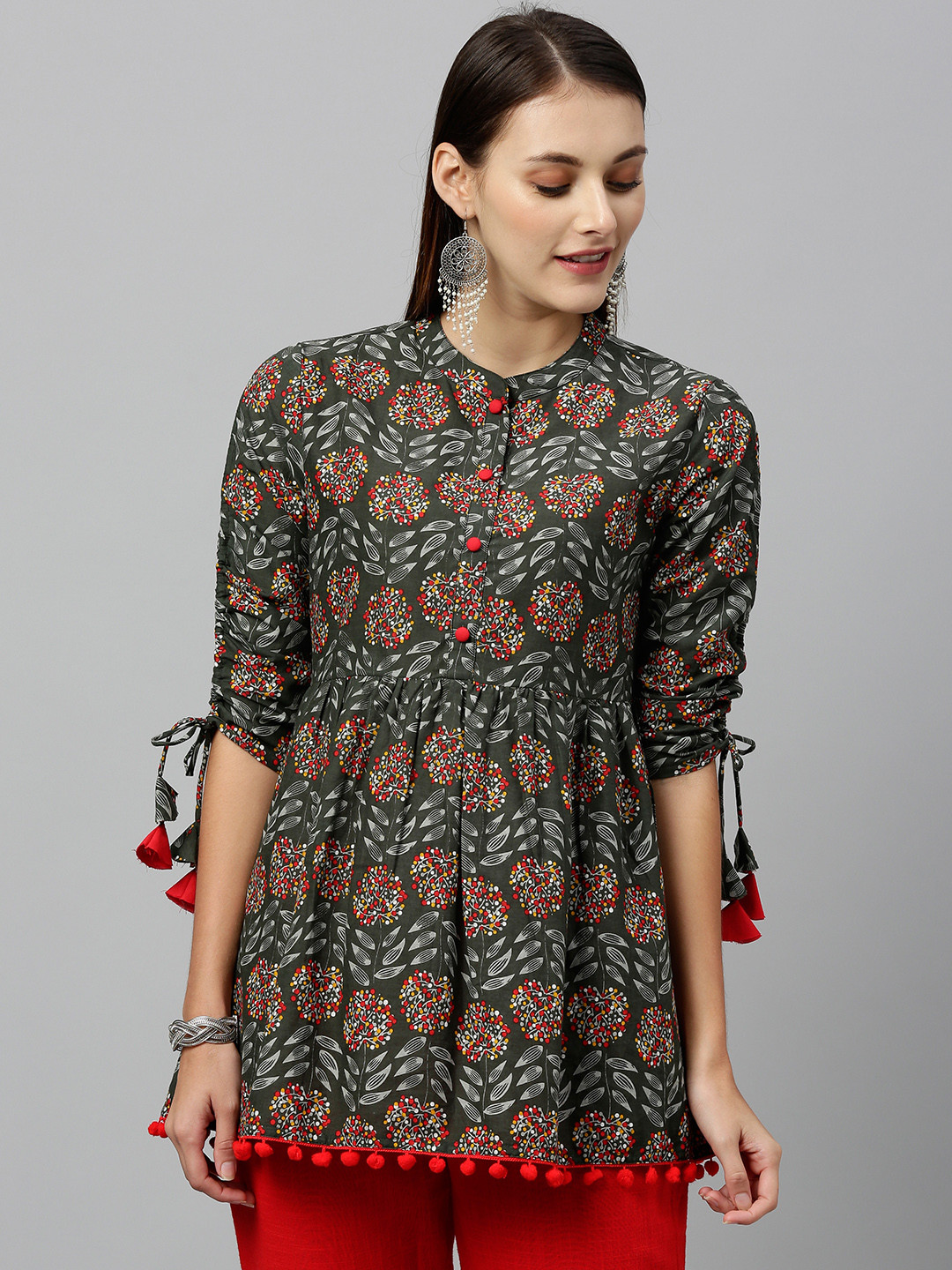 kipek Women Grey & Red Floral Printed Tie-Up Sleeve Pure Cotton Top