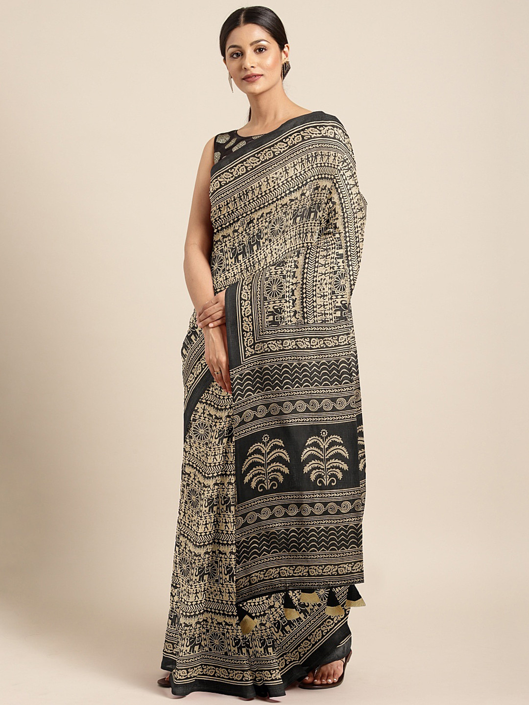 KALINI Black & Beige Silk Blend Printed Khadi Saree