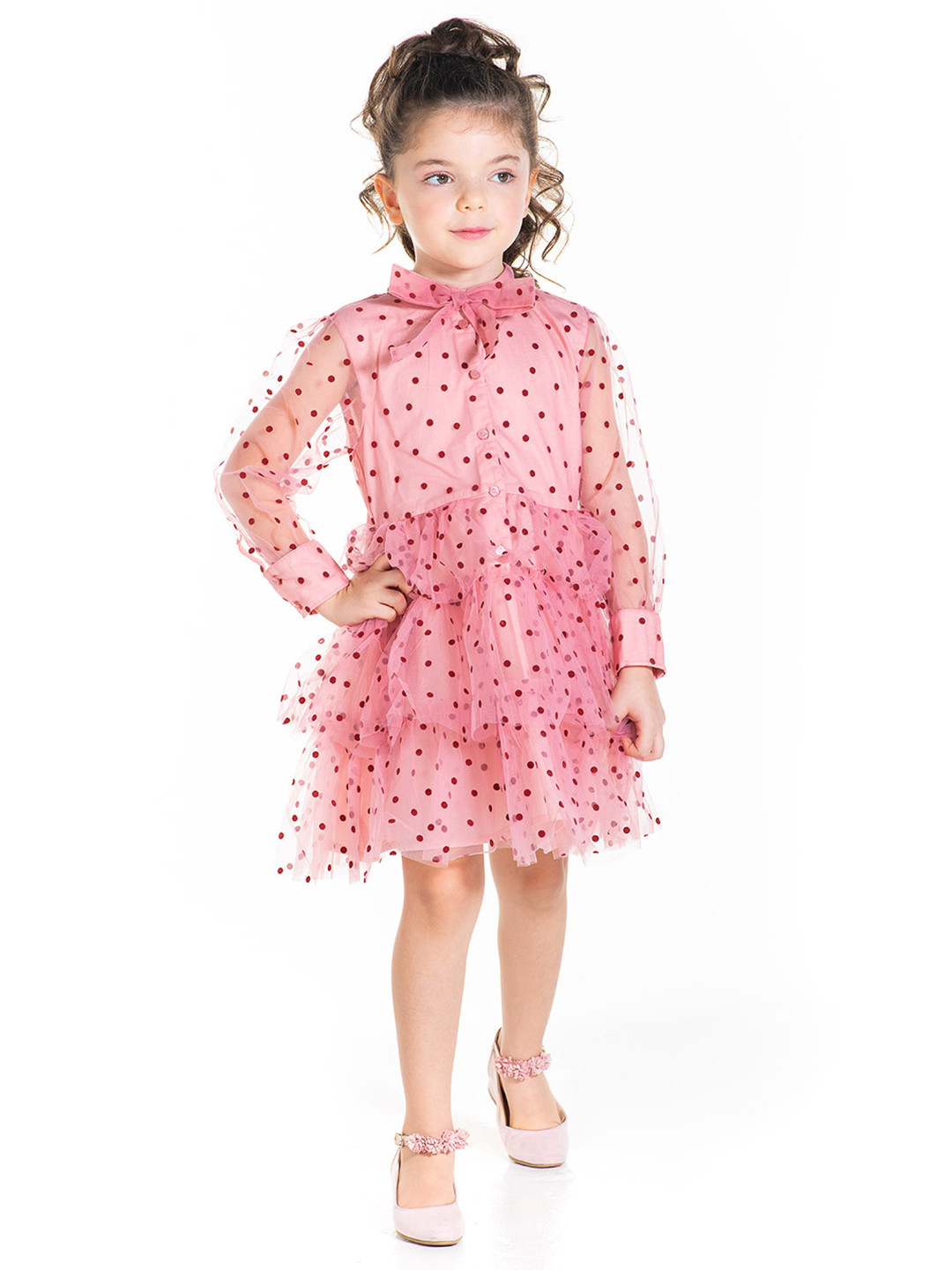 Cherry Crumble Girls Pink & Maroon Net Polka Dots Embossed Print A-Line Dress