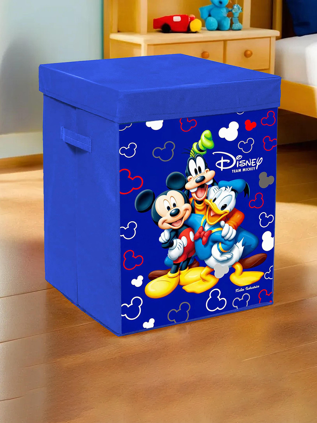 Kuber Industries Blue & Yellow Mickey & Friends Printed Foldable Cloth Storage Basket