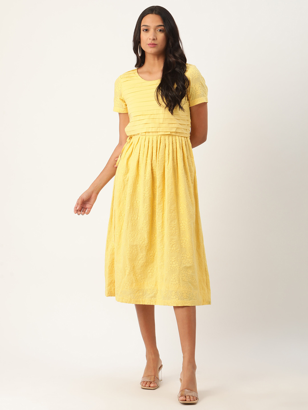 ROOTED Women Yellow Embroidered Fit & Flare Dress