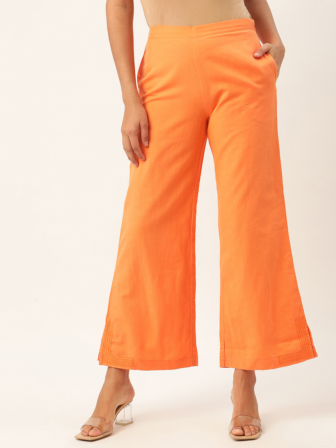 ROOTED Women Orange Regular Fit Solid Parallel Trousers