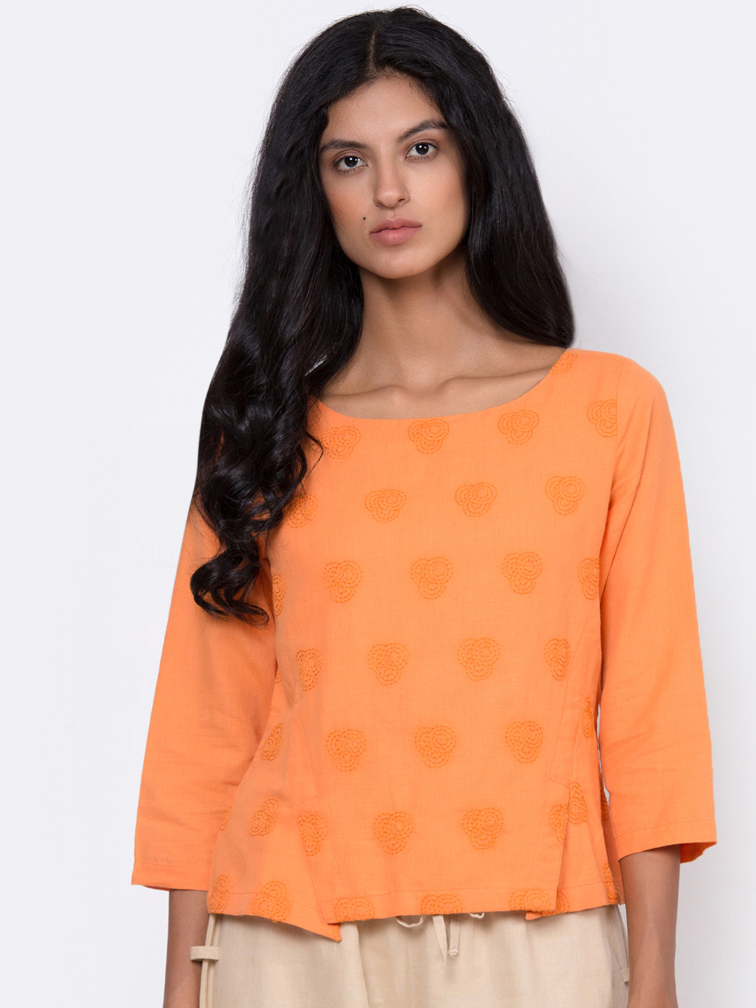 ROOTED Women Orange Self Design Linen Top