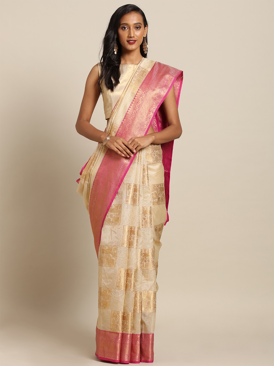 Beige Zari Weaving Kanjivaram Green Silk Saree | Laxmi Style