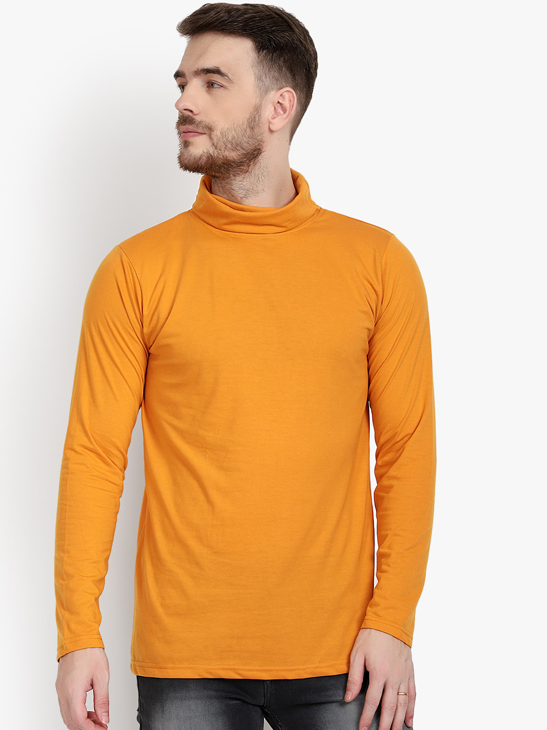 PAUSE SPORT Men Mustard Yellow Solid Turtle Neck Pure Cotton T-shirt