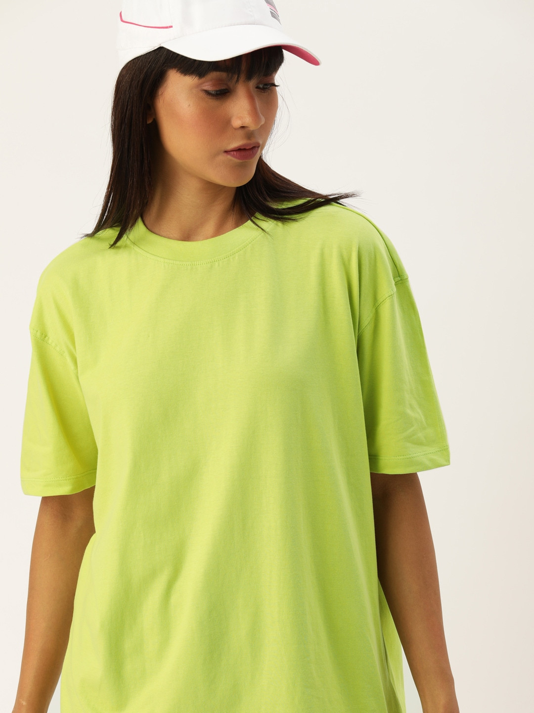 Moda Rapido Women Fluorescent Green Drop-Shoulder Pure Cotton Oversized T-shirt