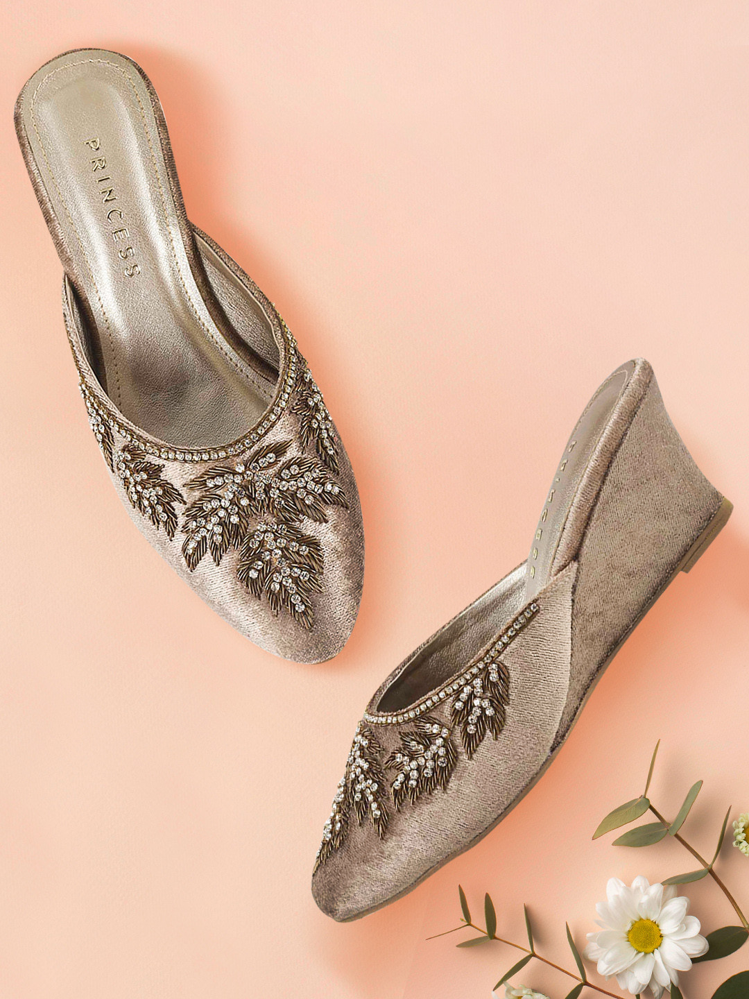 Metro Women Champagne Embellished Heeled Mules