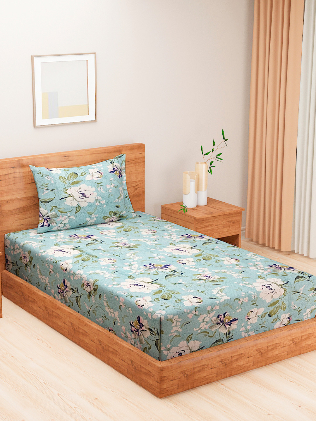 SWAYAM Blue Floral Cotton 144 TC Single Bedsheet with a Pillow Cover-90 x 60 inches