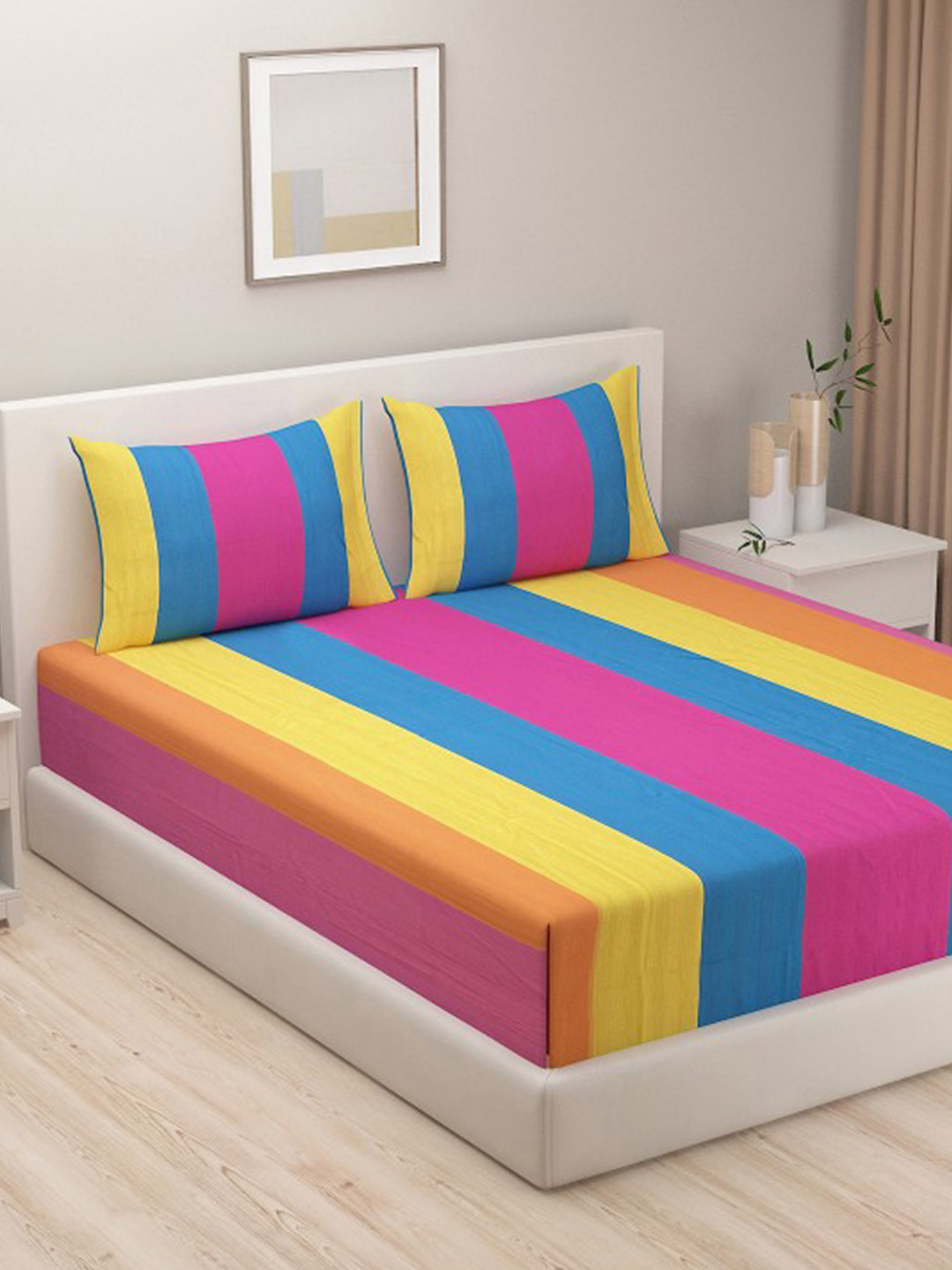 SWAYAM Yellow Striped Cotton 180 TC Fitted Queen Fine Bedsheet with 2 Pillow Covers-106 x 106 inches