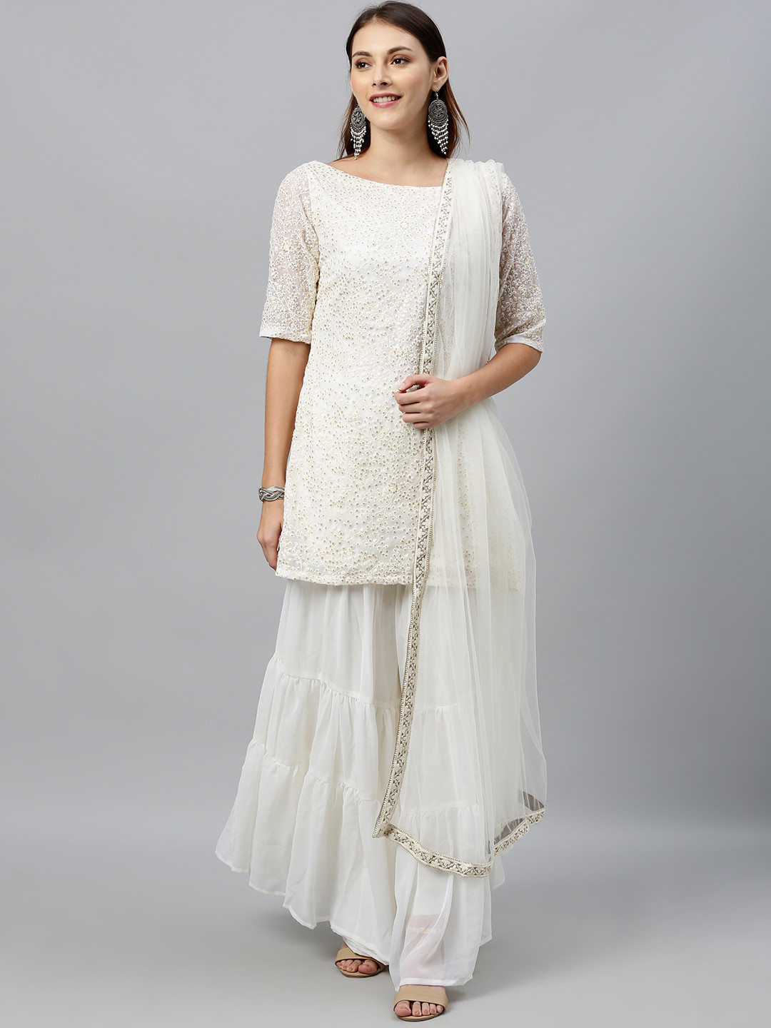 Ethnovog Women White Embroidered Made To Measure Kurti with Palazzos  Dupatta