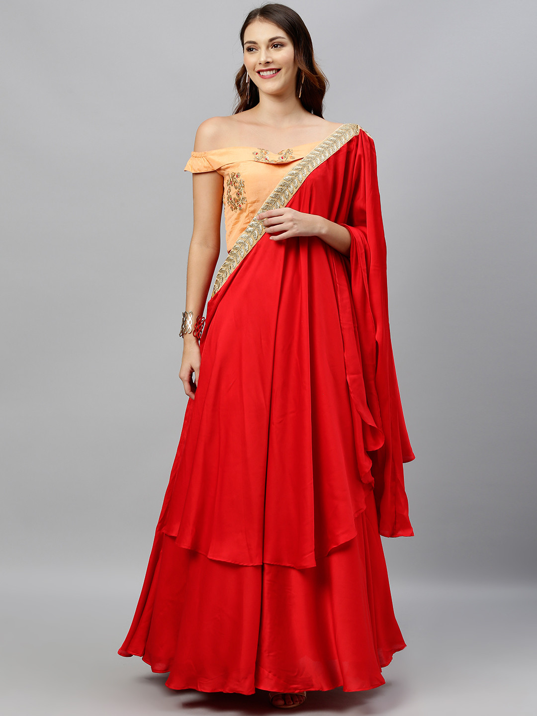 Ethnovog Peach-Coloured  Red Embroidered Made to Measure Lehenga  Blouse with Dupatta