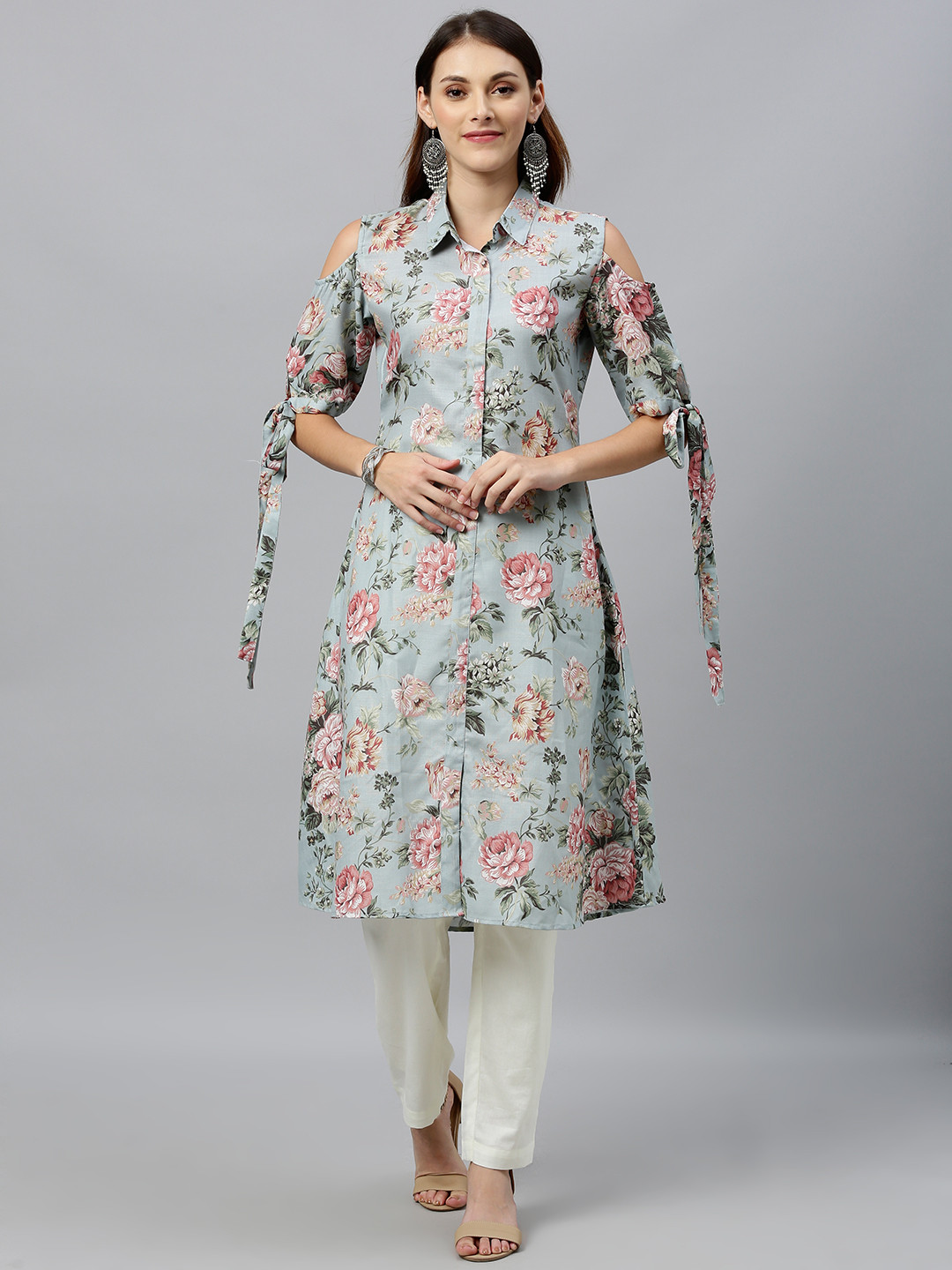 Ethnovog Women Green  Red Floral Printed Made To Measure A-Line Kurta