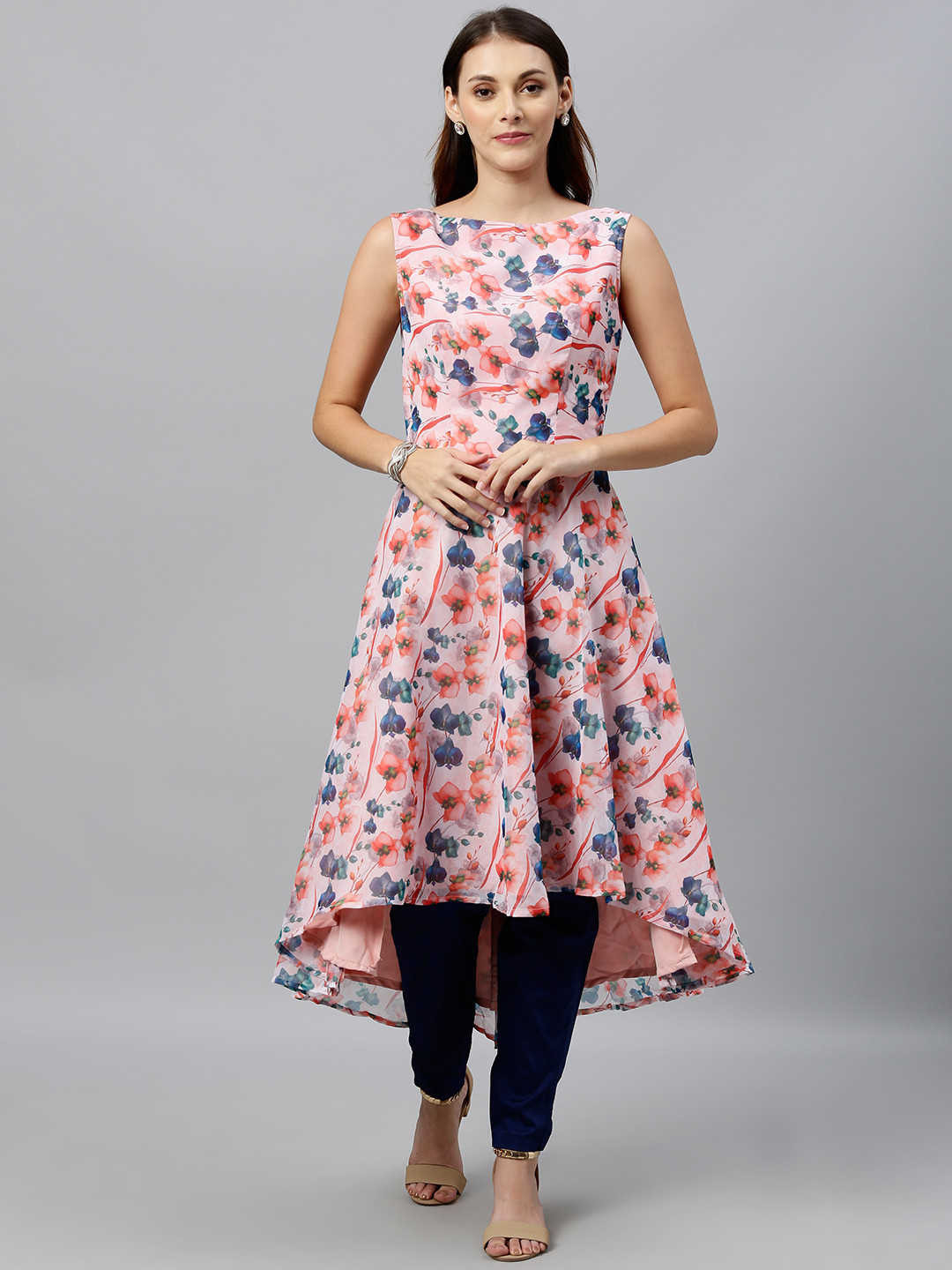 Ethnovog Women Pink  Navy Blue Printed Made To Measure Kurta with Trousers