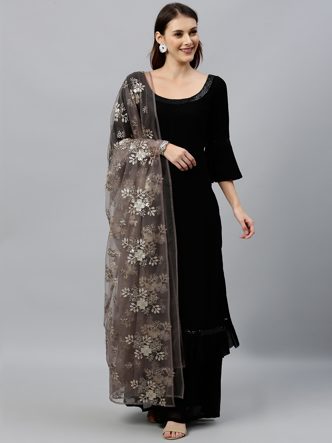 Ethnovog Women Black Solid Made To Measure Kurta with Palazzos  Dupatta