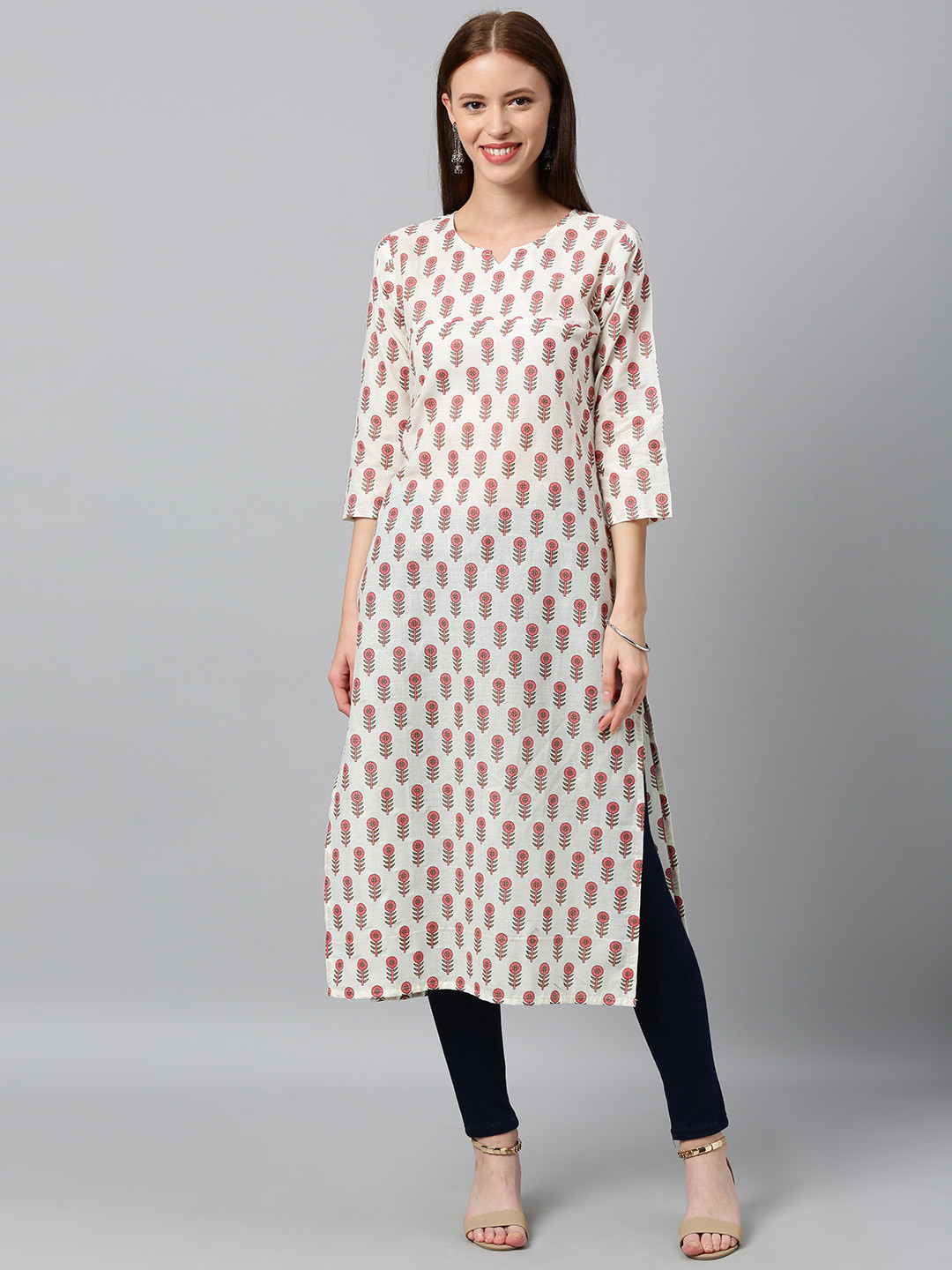 GoSriKi Women White & Pink Floral Printed Straight Kurta