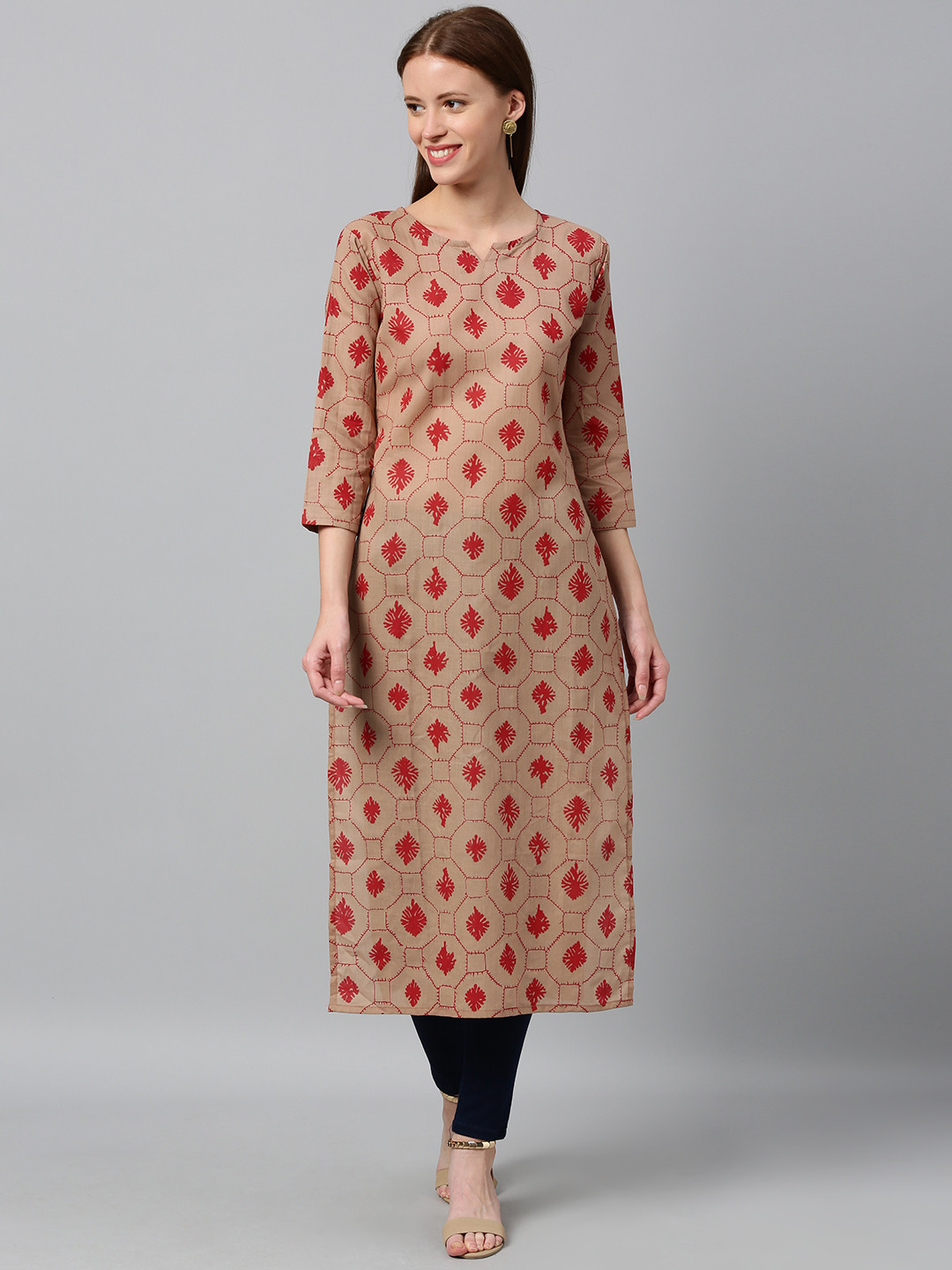 GoSriKi Women Beige & Red Printed Straight Kurta