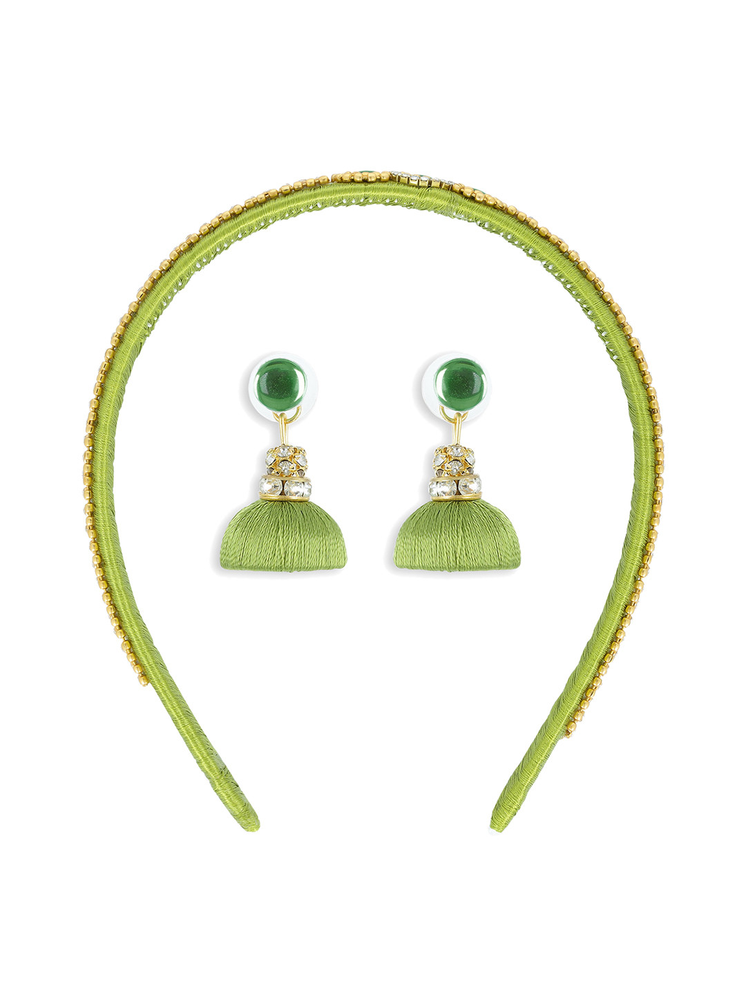 AKSHARA Girls Green Set of Beaded Hair Band & Pair of Jhumkas